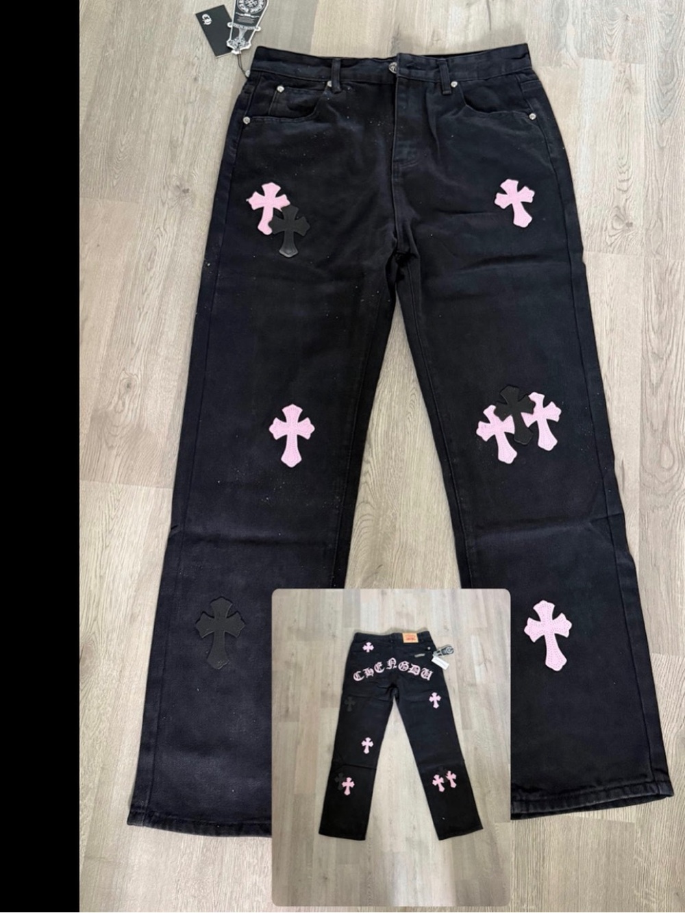 Chrome Hearts Black Straight Leg Jeans with Pink and Black Cross Appliqués